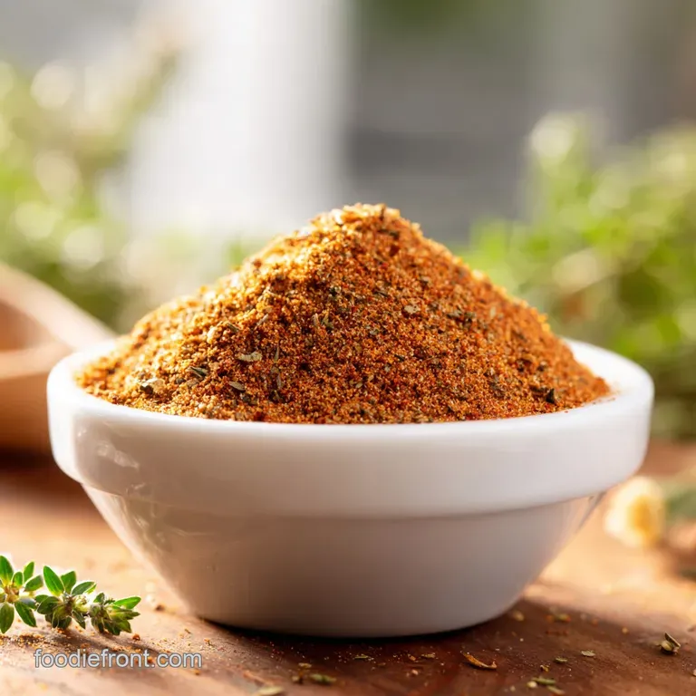Mounded Old Bay seasoning in a glass jar, illuminated to showcase the texture and warm color. Wooden spoon resting beside it.