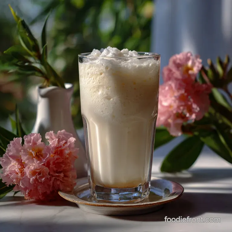 Elegant glass of vanilla cream soda presented on a vintage silver tray with a delicate, etched design. A scattering of ice...