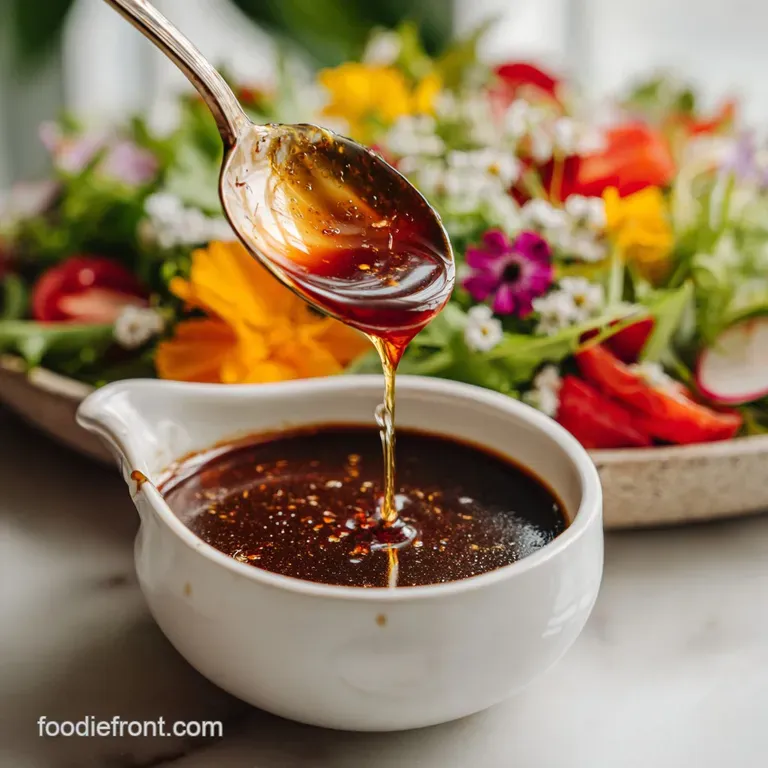 Elegant glass cruet filled with glistening honey balsamic dressing, light catching the amber hues, against a blurred rusti...