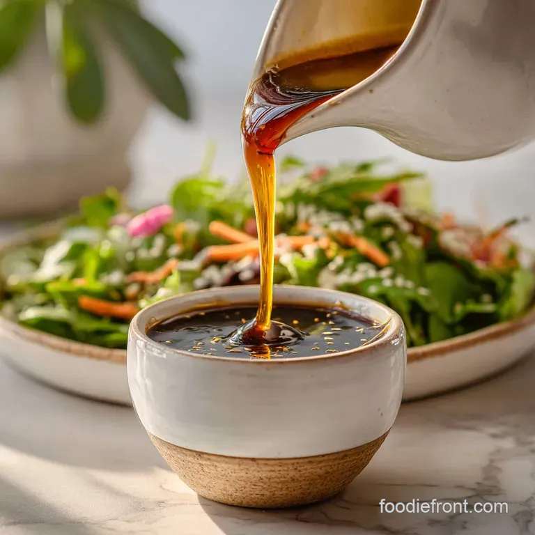 Glossy, amber honey balsamic dressing glistening on mixed greens with bright red tomatoes and creamy cheese in a bowl.