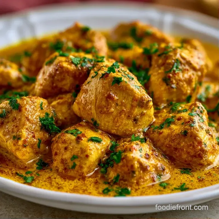 Vibrant orange curry in a white ceramic bowl, paired with charred garlic naan and a sprinkle of fresh green cilantro.