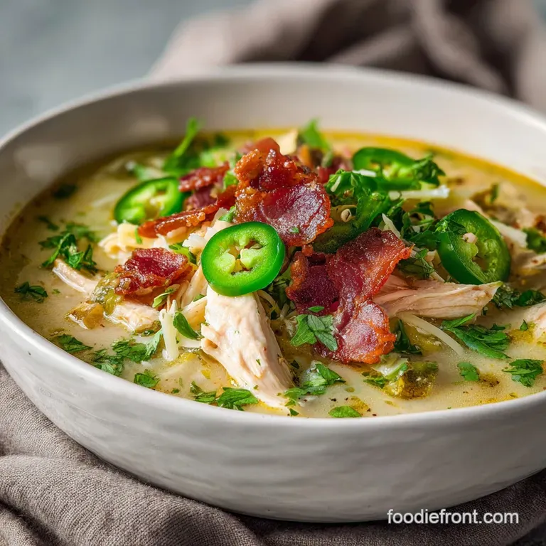 Creamy, smoky chicken soup with crisp bacon and jalapenos served in a white bowl. Garnished with fresh herbs for an elegan...