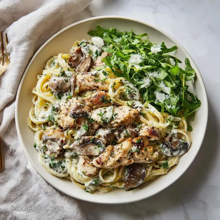 Perfect portion of creamy Alfredo chicken and broccoli, artfully plated and dusted with fresh parmesan cheese, ready to be...
