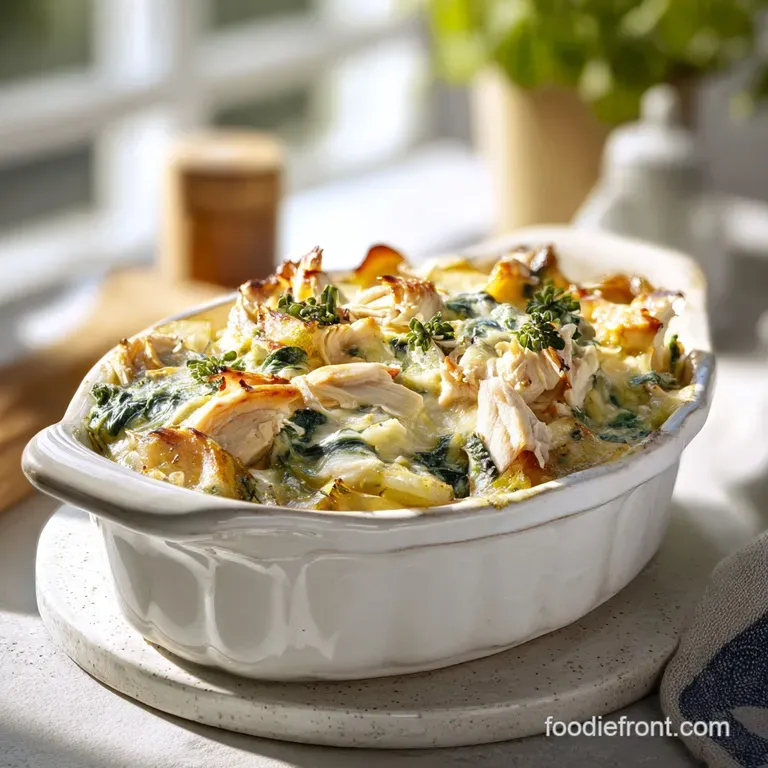 Creamy chicken and spinach bake served in a white ramekin, garnished with a sprig of fresh parsley.