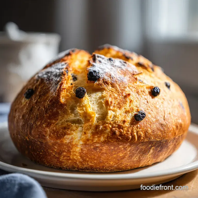 Thick slice of rustic lemon blueberry bread with a golden crust, served on a white plate with a pat of melting butter.