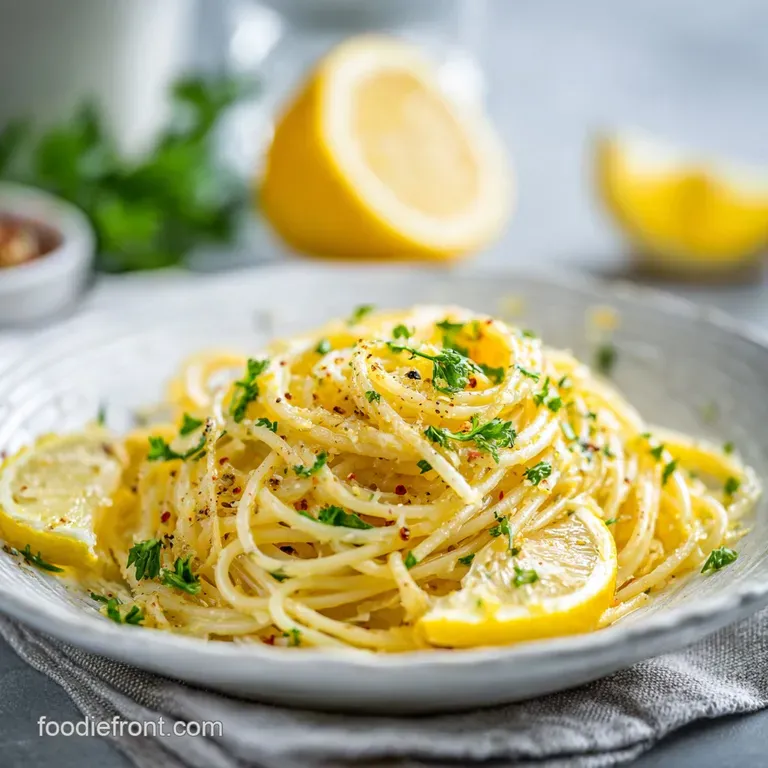 A delicate swirl of spaghetti artfully arranged on a white plate, glistening with a light, creamy sauce.