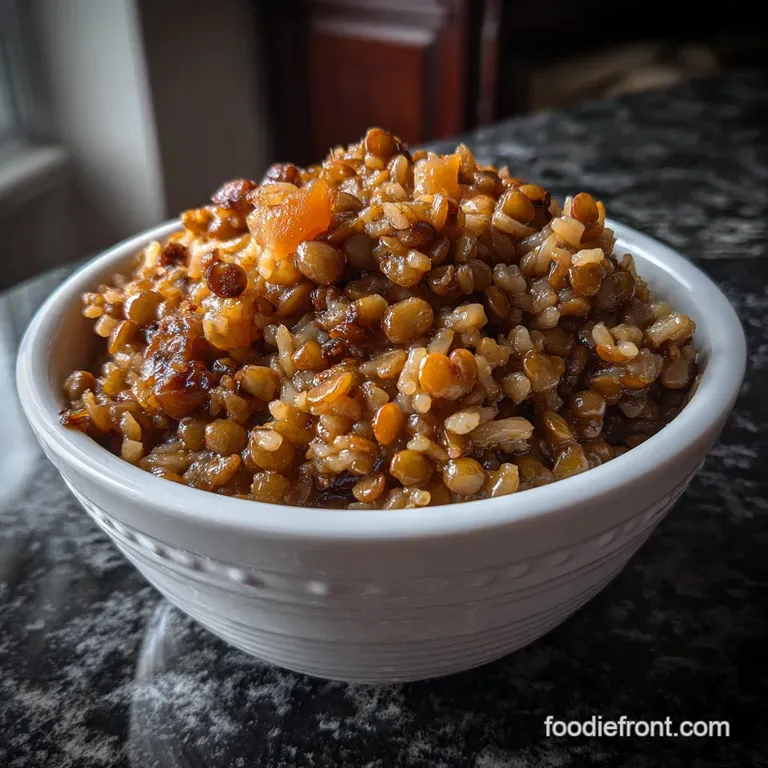 A single scoop of spiced lentils and rice, artfully arranged, showcasing vibrant orange lentils against a white ceramic pl...