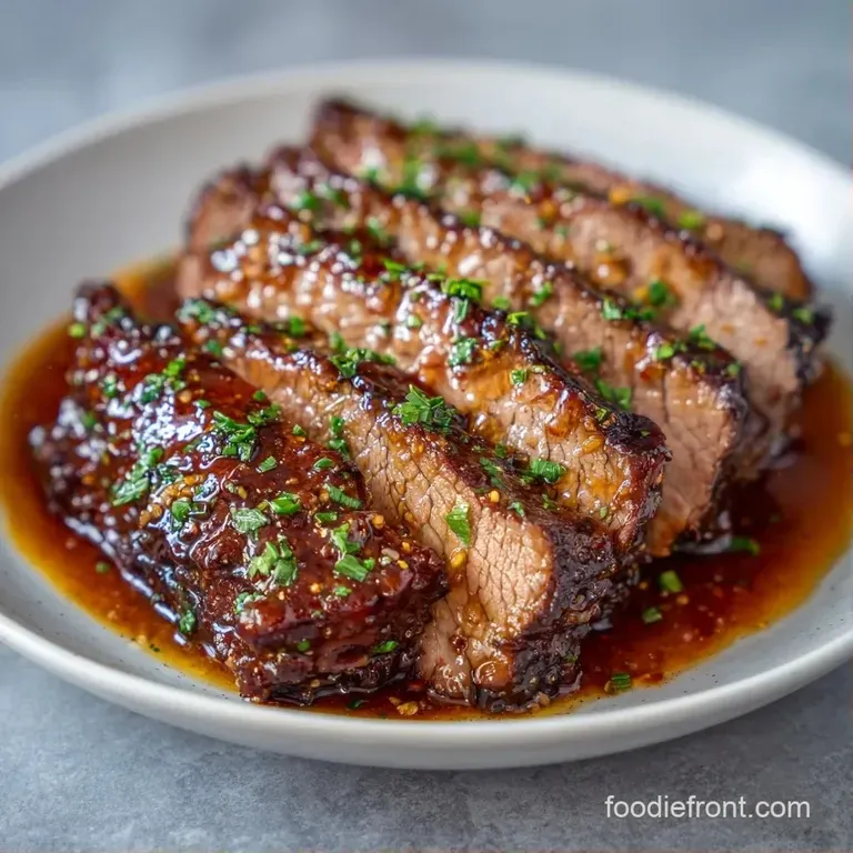 Sliced tender beef on a white ceramic plate with glazed baby carrots and a bright sprig of fresh green parsley.