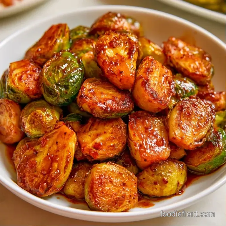 Roasted halved sprouts with caramelized brown edges arranged elegantly on a dark slate board with a drizzle of glaze.