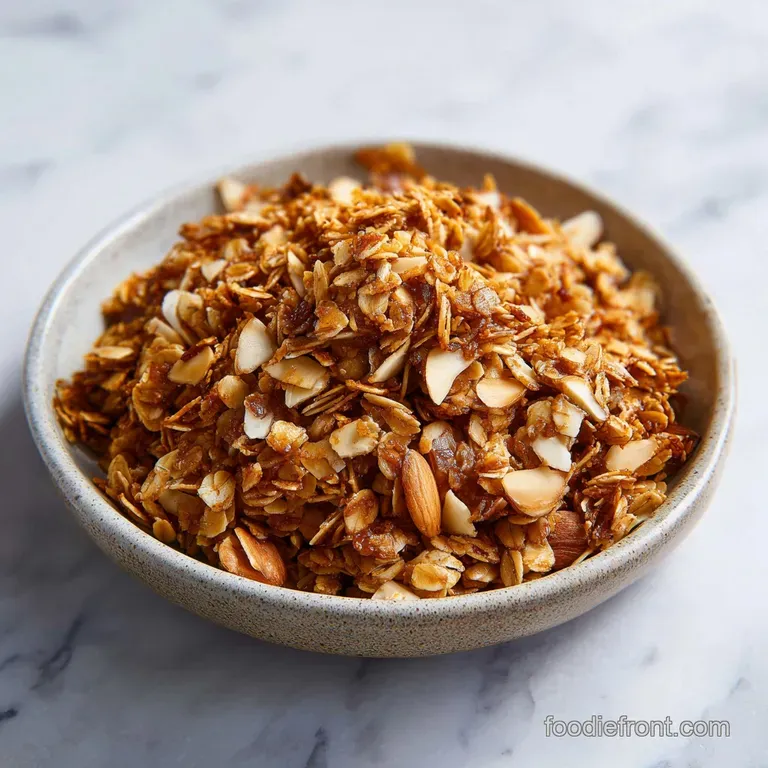 Crunchy toasted oat clusters in a glass bowl topped with sliced bananas, blueberries, and a drizzle of honey.