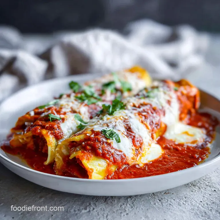 A single manicotti shell glistens with meat sauce, sprinkled parmesan, and herbs on a white plate; inviting and delicious.