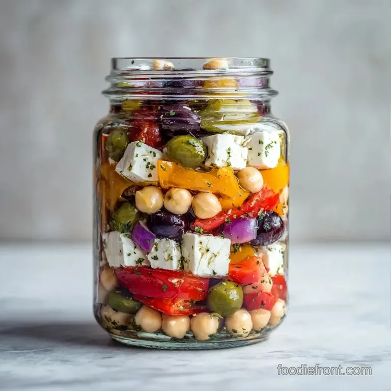Four clear mason jars arranged in a row showing colorful layers of crisp vegetables and bright green spinach.