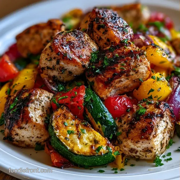 Neatly arranged roasted chicken and vibrant seasonal vegetables on a white plate with a drizzle of glossy glaze.