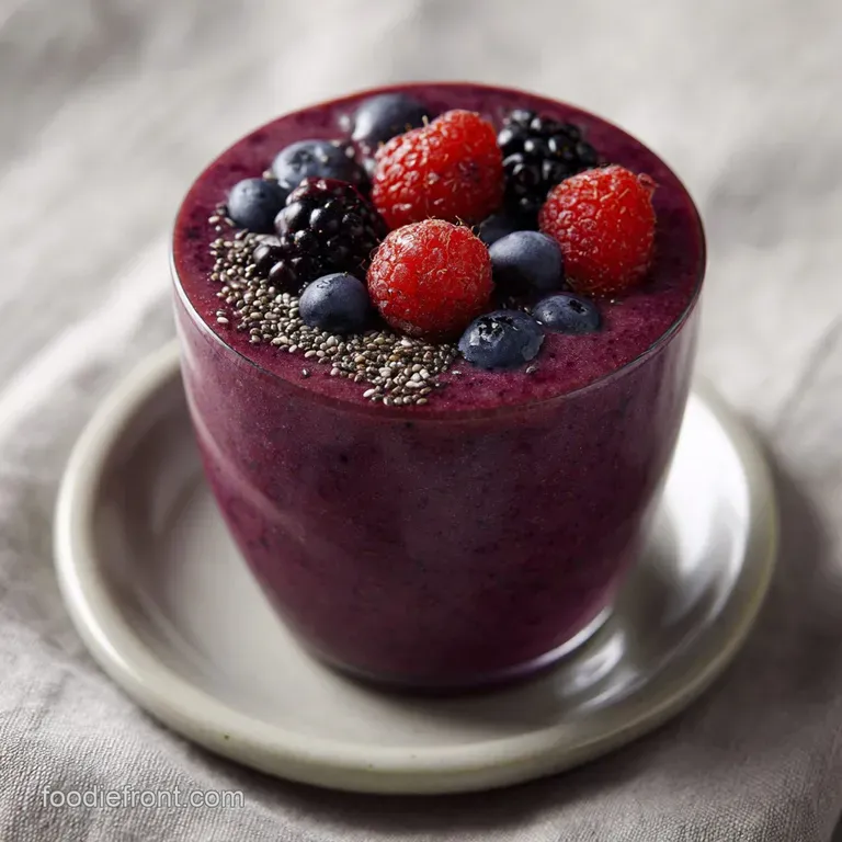 Vibrant purple drink in a tall glass with a bamboo straw, surrounded by scattered blueberries on a bright table.