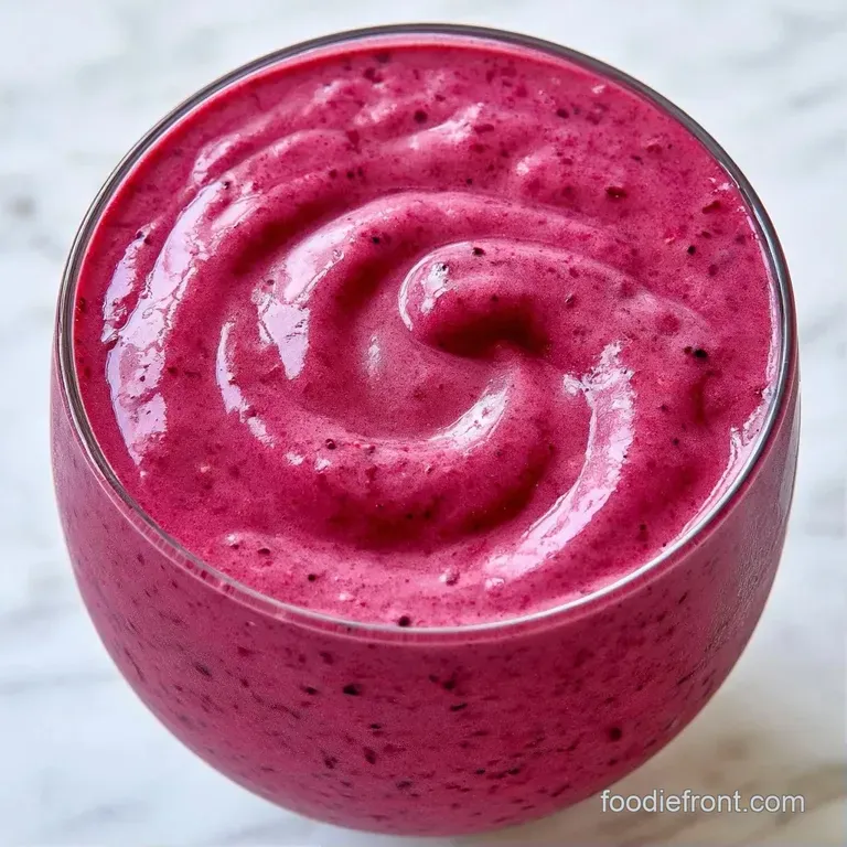 Frosty glass of thick yellow smoothie beside a bowl of fresh berries on a bright, clean white marble countertop.
