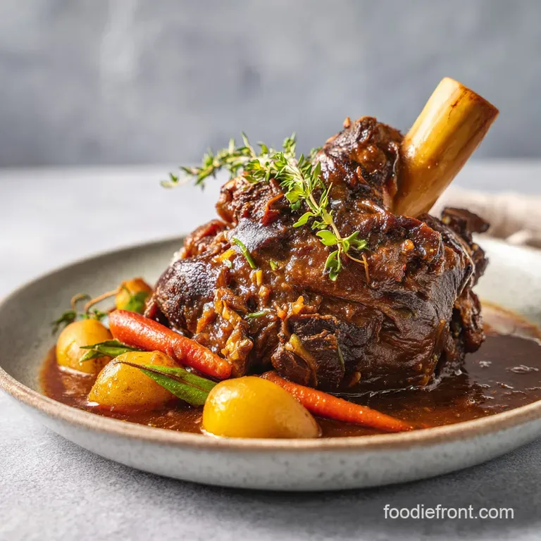A single mutton shank plated with creamy polenta, the dark sauce creating a beautiful contrast. Garnished with bright gree...