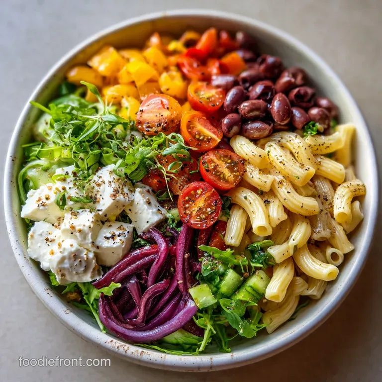 Bright pasta salad artfully arranged on a white plate, garnished with fresh herbs. A light and refreshing composition.