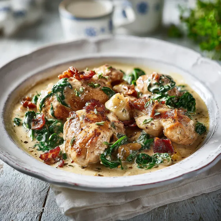 Silky chicken florentine artfully plated, with a swirl of vibrant green spinach and a hint of parmesan.
