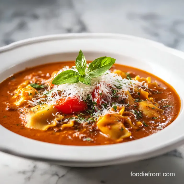 A steaming bowl of lasagna soup, topped with dollops of creamy ricotta and vibrant green parsley.