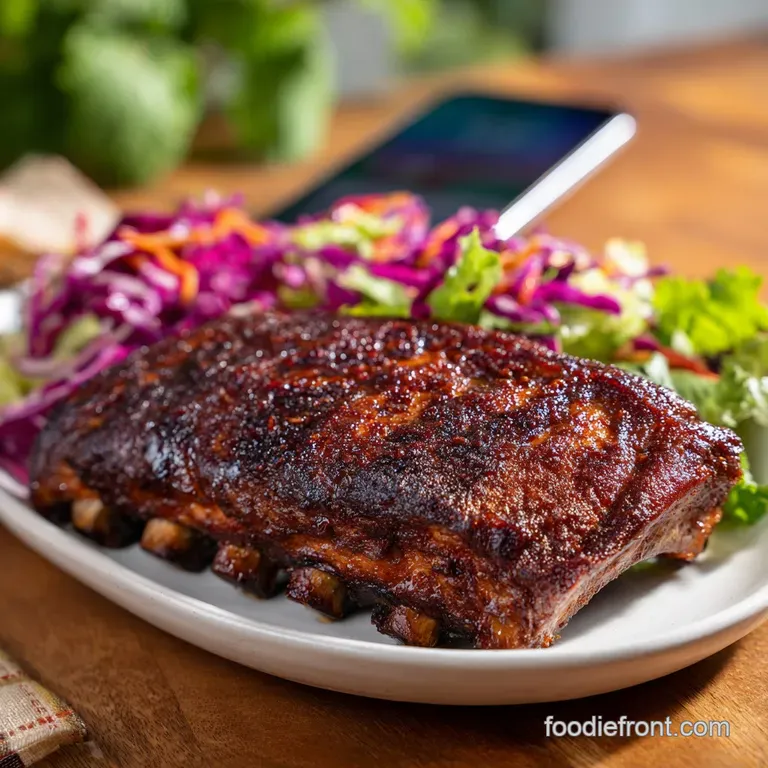 A single, perfectly glazed St. Louis rib, fork-tender and pulling away from the bone, resting on a pristine white plate.
