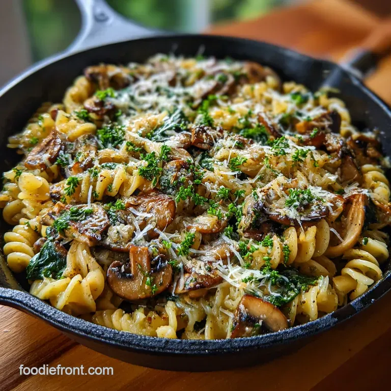 A swirl of parmesan spinach mushroom pasta in a shallow bowl, garnished with fresh herbs and cracked black pepper. Rustic ...