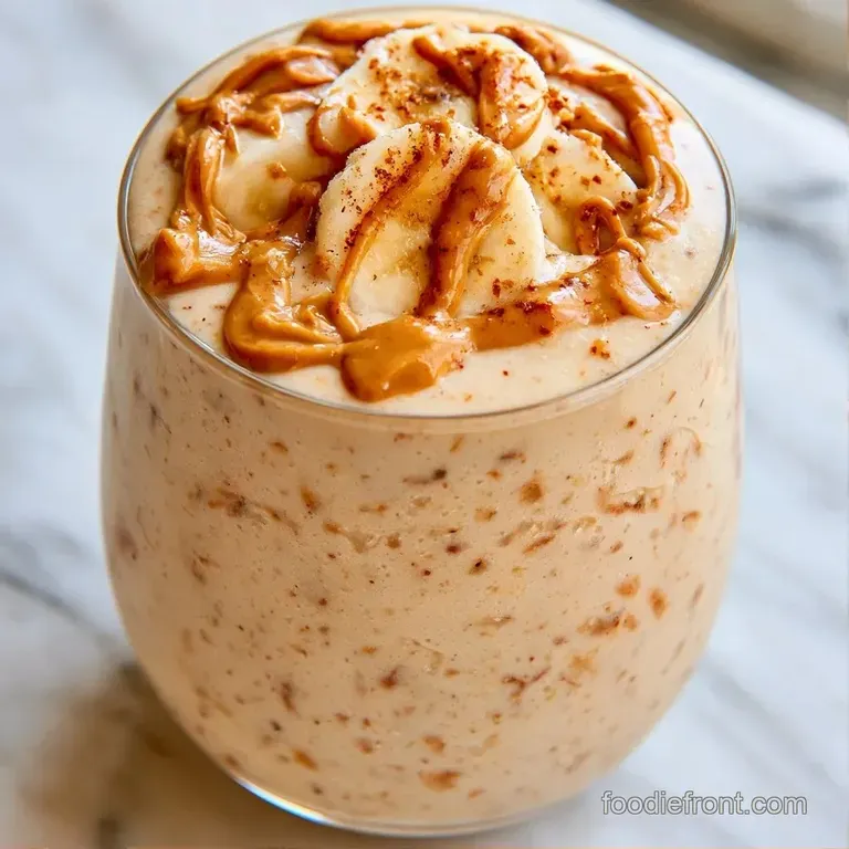 Two frosty glasses of thick tan-colored beverage served on a white marble tray with fresh banana slices nearby.