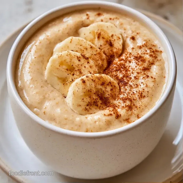 Frosted glass filled with a thick beige drink, garnished with a cinnamon stick and sliced bananas on a marble top.