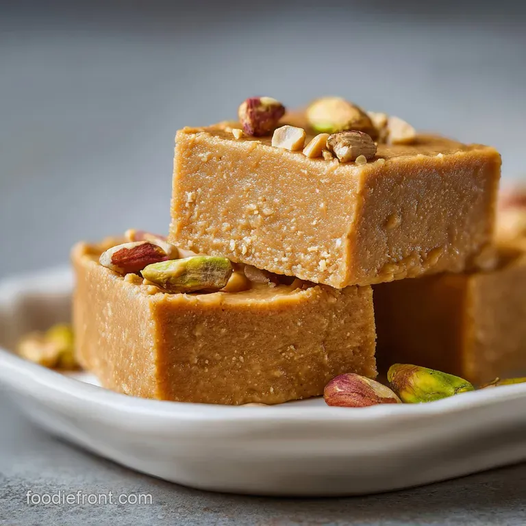 Three perfectly cut fudge squares stacked with a drizzle of melted peanut butter and chopped peanuts.