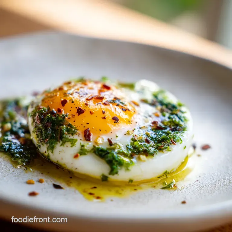 A delicately poached egg rests on vibrant green asparagus spears, drizzled with hollandaise and sprinkled with fresh herbs...