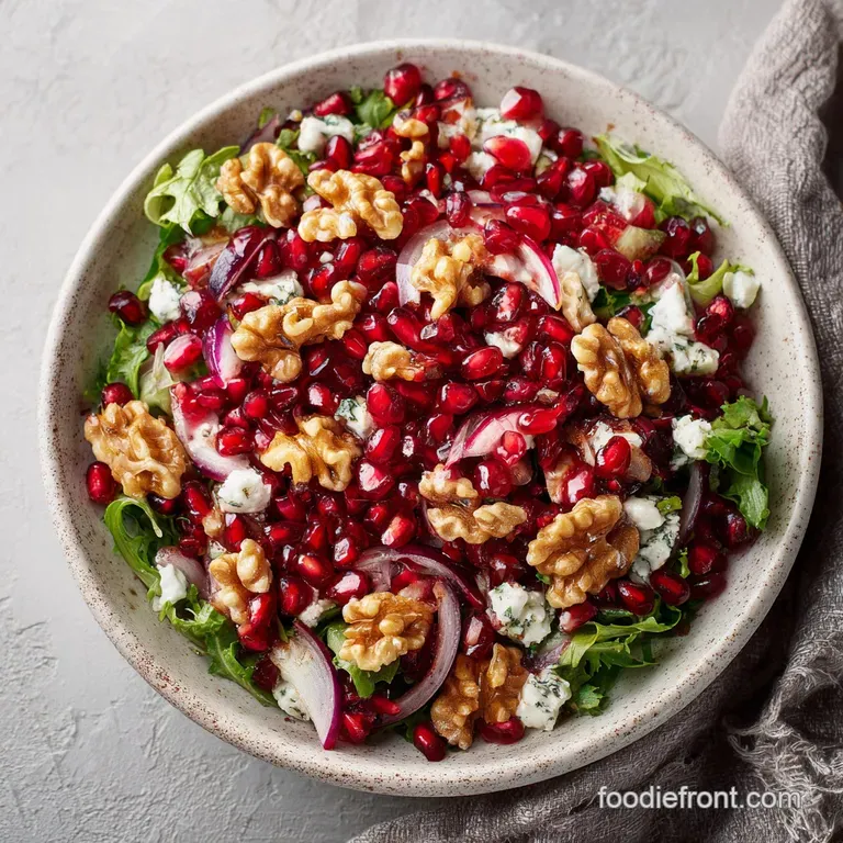 An artfully arranged salad featuring ruby red pomegranate jewels and vibrant green leaves on a white plate.