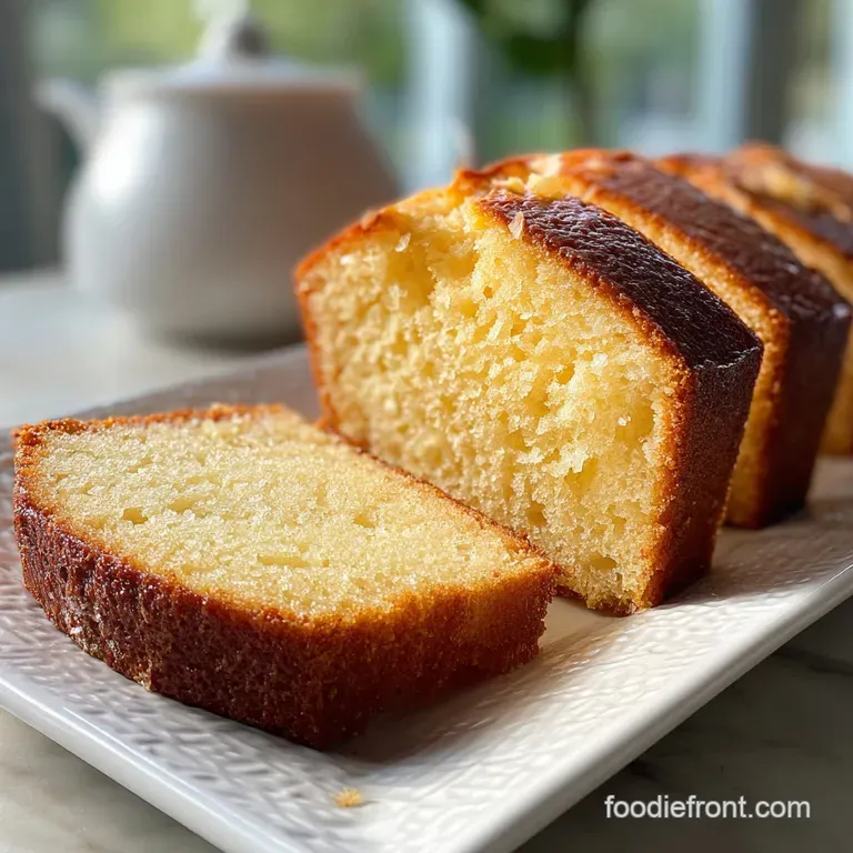 Thick slice of moist pound cake on a white plate, dusted with powdered sugar and topped with fresh raspberries.
