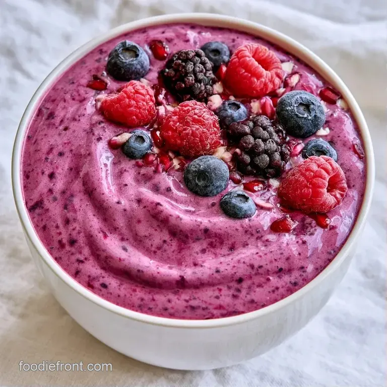 Frothy beige drink in a chilled glass with a metal straw, resting on a wooden tray beside a bowl of fresh berries.