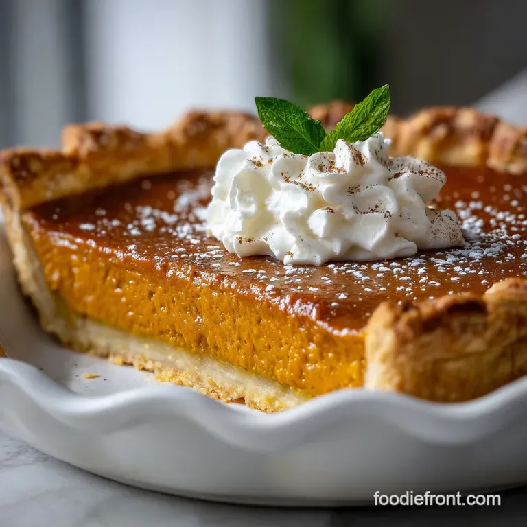 Slice of pumpkin pie with a dollop of whipped cream. Orange hue, spiced aroma, and a flaky graham cracker crust visible.