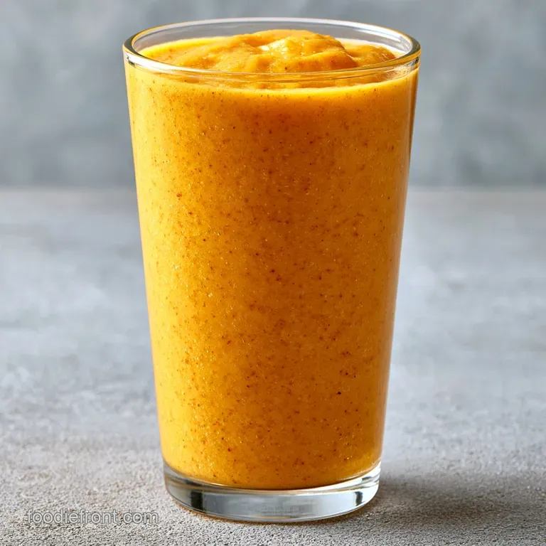 Thick orange smoothie in a chilled glass with a cinnamon stick garnish, set against a bright white marble backdrop.