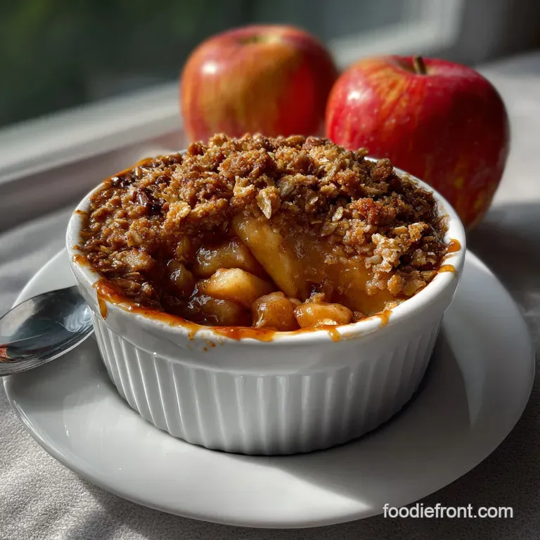 Warm apple crisp served in a rustic bowl, with a scoop of vanilla ice cream melting gently on top. Cinnamon dust adds the ...