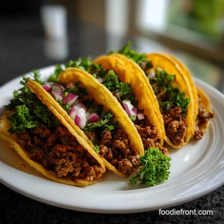 Taco ingredients elegantly arranged on a rustic wooden board. Warm ground beef, glossy mahogany glaze, and colorful toppin...