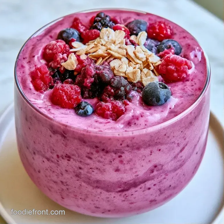 A chilled glass of creamy purple smoothie beside a sliced banana and fresh berries on a bright marble countertop.