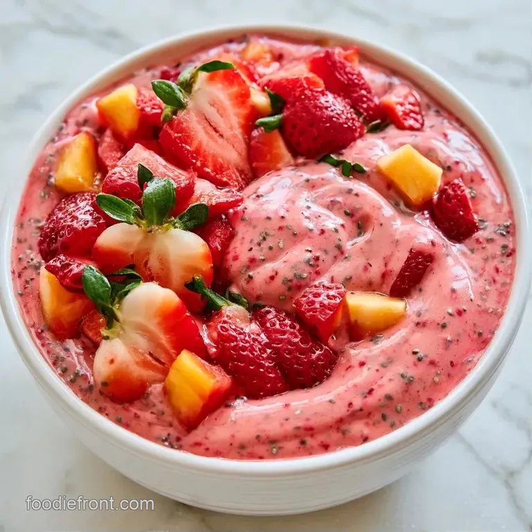 Frothy pink smoothie in a chilled flute, topped with a fresh raspberry and a mint leaf on a white marble surface.