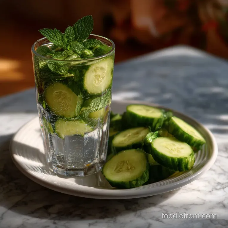 Elegant glass of cucumber mint water, ice cubes clinking, rimmed with a fresh mint leaf, on a white linen napkin. Clean an...