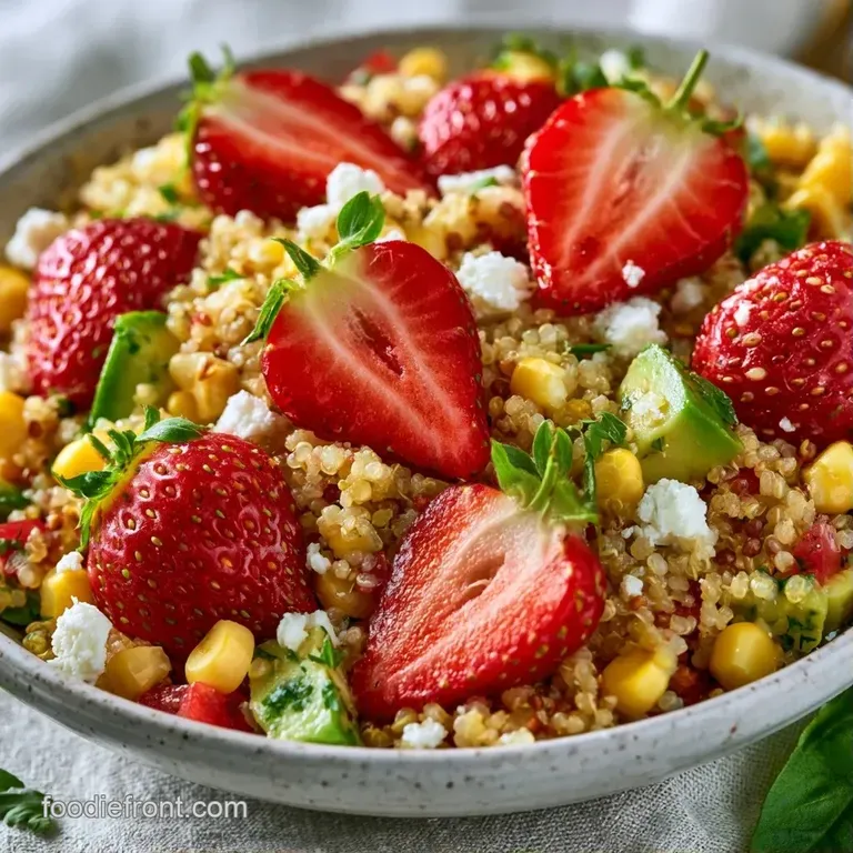 Vibrant green leaves and red berries artfully arranged on a white ceramic plate with a light balsamic drizzle.
