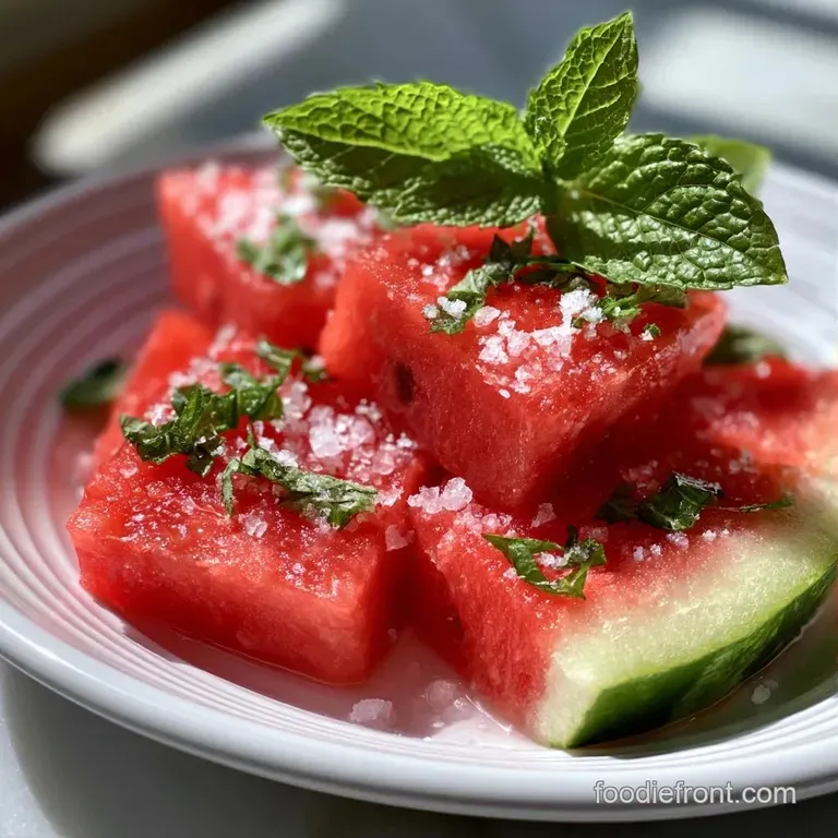 Neatly arranged triangles of juicy red fruit on a minimalist white platter, paired with fresh green mint sprigs.
