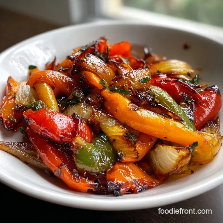 Vibrant roasted peppers and softened onions piled high on a white plate, steam rising, hints of herbs adding color.