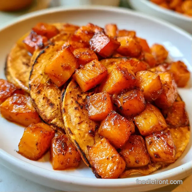 Golden roasted squash nestled in warm tortillas with bright green herbs and cream, served on a minimalist platter.