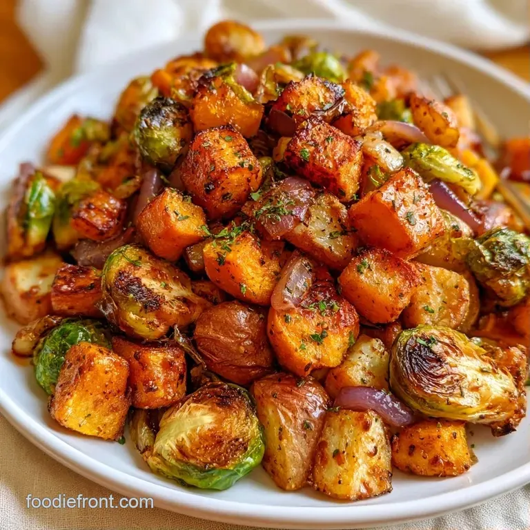 Vibrant honey-glazed root vegetables and charred sprouts arranged artfully on a white ceramic serving platter.