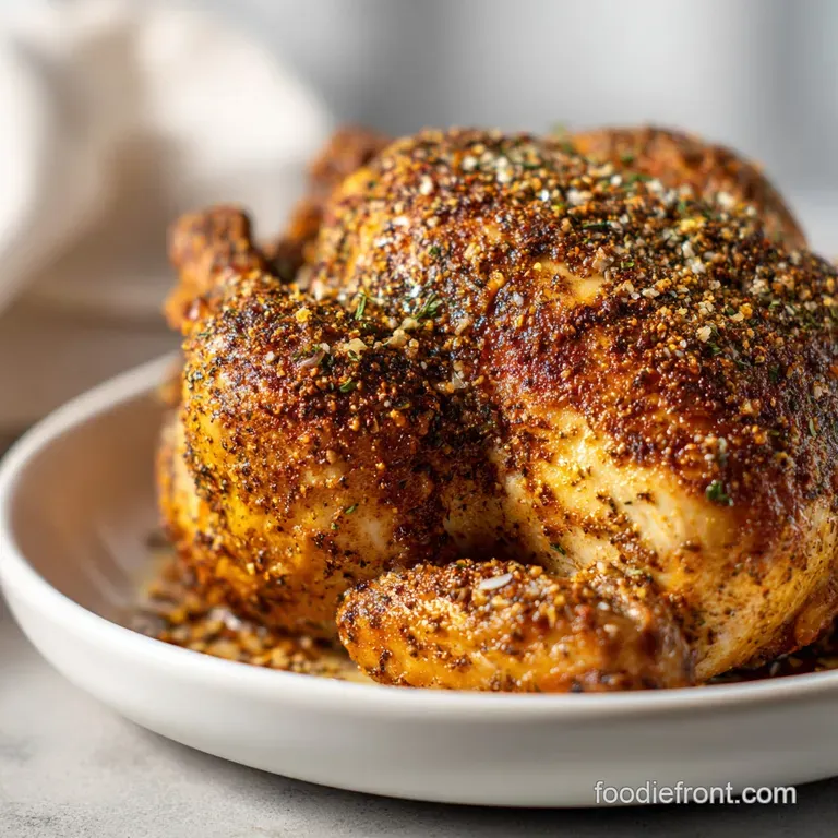 Perfectly roasted chicken quarters glisten with savory spices; enticing aroma implied. Garnished and ready to be served.