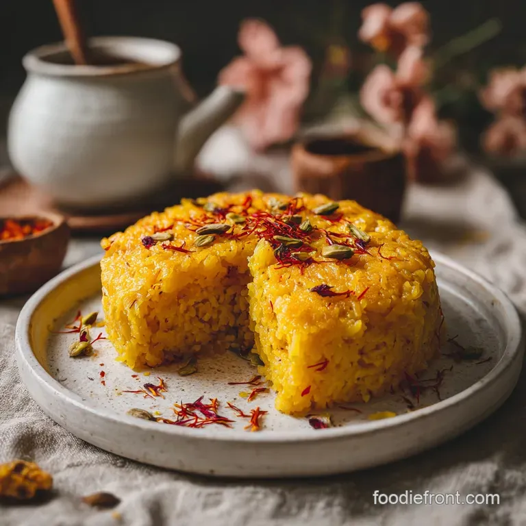 Elegant plate showcasing fluffy saffron rice with saffron chicken, a scattering of herbs, and a delicate drizzle of flavor...