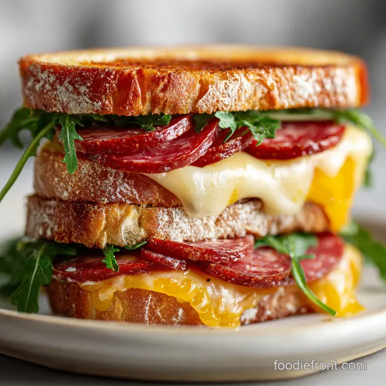 Salami and cheese melt, halved on a plate, with toasted bread points. Melted cheese glistens, hinting at a warm, savory bite.