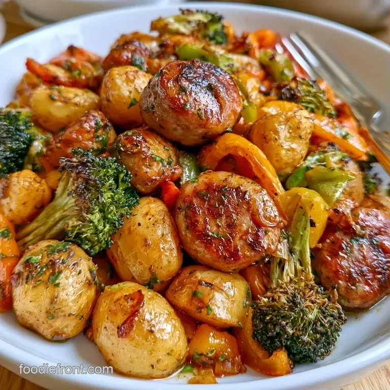 Sliced savory sausages and crispy roasted potatoes plated neatly with a garnish of fresh green parsley.