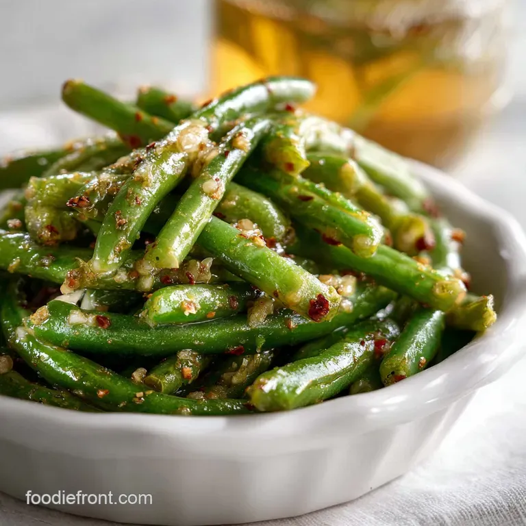 Bright green beans arranged on a plate, topped with toasted almonds and a sprinkle of red pepper flakes, catching the light.