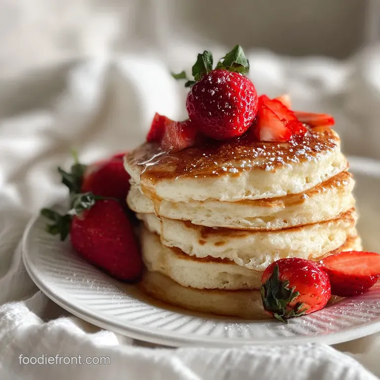 Three fluffy pancakes with powdered sugar and fresh blueberries. Warm, inviting stack on a white plate.